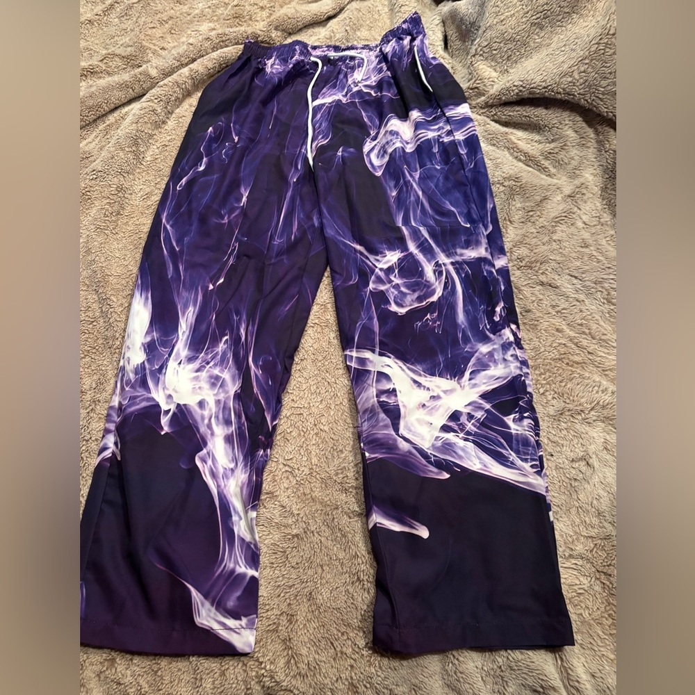 Purple and White Abstract Print Pants